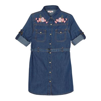 Girls' blue floral embroidered denim shirt dress